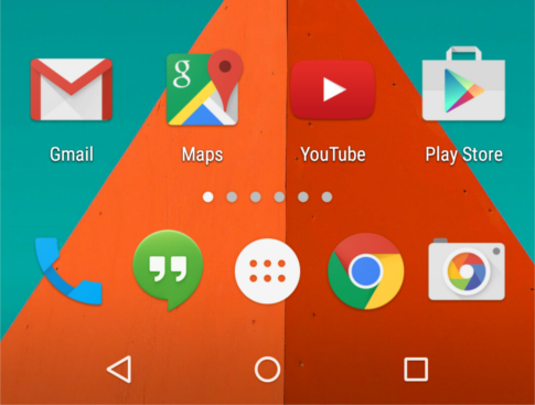 Android 5.0 Lollipop home screen with Gmail, Maps, YouTube and Play Store apps